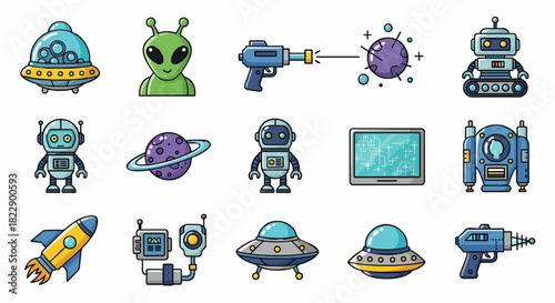 Cartoon science fiction vector icon set