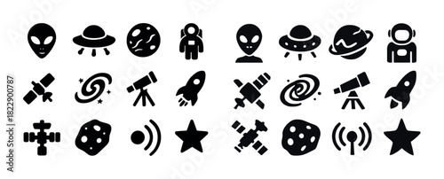 Space icons: aliens, ufos, astronauts, planets, stars, satellites, galaxies