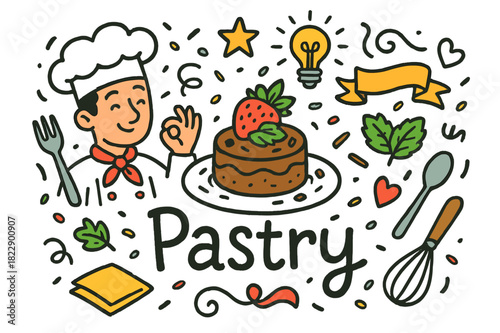 Pastry Doodle Delight. Pastry presentation. Hand-drawn doodle illustration of pastry presentation. Chef,