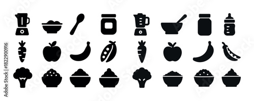 Silhouette icons of kitchen appliances and food items for cooking and baby meals