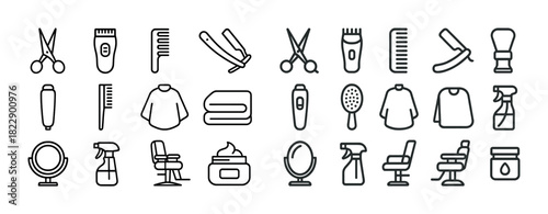 Barber and grooming tools icons set including scissors and mirror