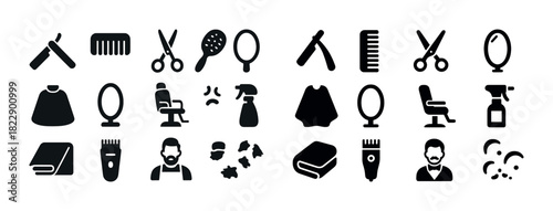 Barber and salon tools: scissors, comb, mirror, razor icon set