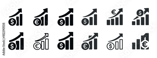 Currency growth icons: dollar and euro symbols with increasing graph arrows