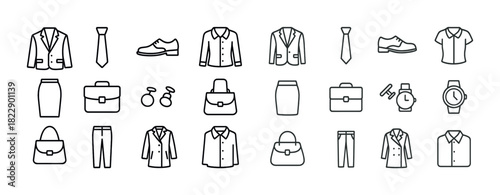 Outline icons of business attire and accessories including suits, ties, shoes, and bags