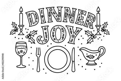 Festive Dinner Typography. Dinner Joy ? Decorative Display Lettering, patterned letters with tiny icons of