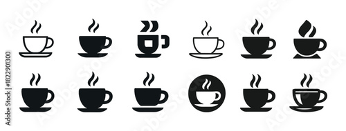 Collection of black coffee cup icons with steam on white background