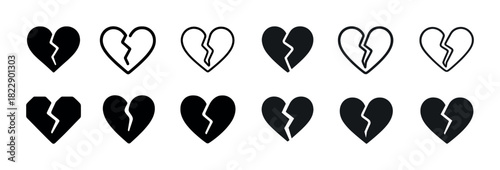 Heartbreak icon set: diverse broken heart designs in various styles
