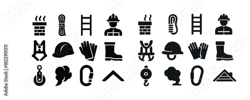 Safety equipment icons: helmets, gloves, boots, ropes, harnesses, hooks, helmets, pulley symbols