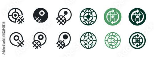 Set of global navigation and location icons in black and green variations