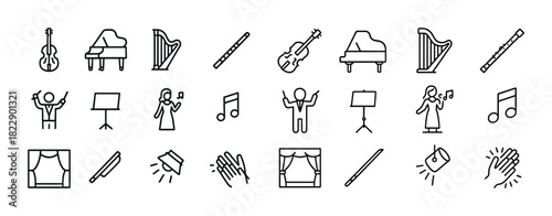 Music icons set: instruments, musicians, and symbols in line art