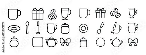 Minimalist coffee icon set featuring cups, mugs, and coffee beans