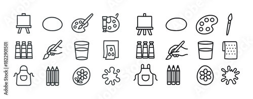 Art supply icons: easel, palette, paintbrush, apron, canvas