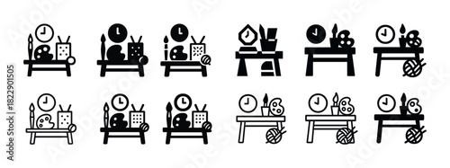 Artistic supplies and time icons in monochrome