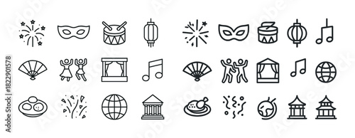 Festival icons: music, dance, masks, lanterns, fireworks, fans, theaters, globes