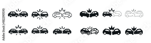 Car collision icon set: black and white crash illustrations