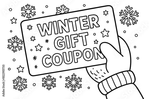 Winter Gift Coloring. Winter gift coupon children?s coloring book illustration, outlined drawing, cozy gloved