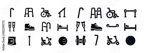 Collection of mobility aid icons including wheelchair, crutches, walker, scooter