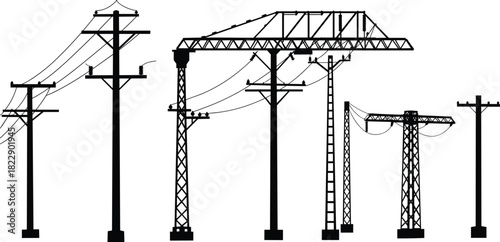 Electric transmission towers and power poles silhouette with cables, industrial electricity distribution infrastructure, high voltage energy network structure illustration design.