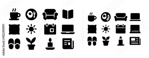 Set of black home icons: furniture, laptop, meal, sun, calendar, plant, candle, book, newspaper
