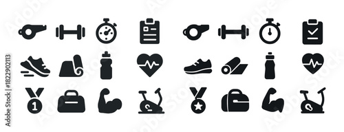 Fitness icons set: equipment, exercise, health, sport, gym tools