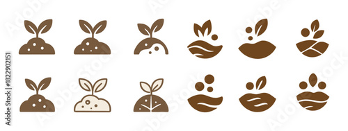 Stylized brown plant icons set with leaves and soil elements