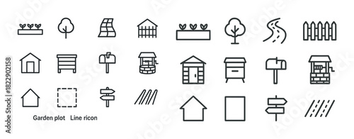 Garden line icons: trees, fences, paths, well, and mailboxes for design
