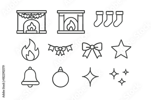 Festive Fireplace Icons. Festive Fireplace. Line outline icon set of Festive Fireplace: mantel, fireplace,