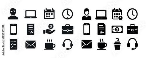 Office and communication icons: laptops, calendars, clocks, and headsets