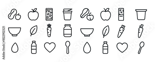 Minimalist food and drink icons set: peanut, apple, yogurt, bowl, carrot, bottle, heart, spoon, leaf