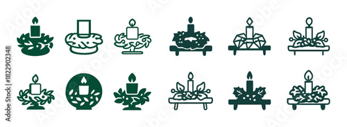 Candle icon set with holiday wreaths and holders