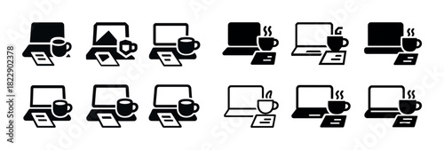 Set of iconic laptop and coffee cup symbols in various styles and configurations