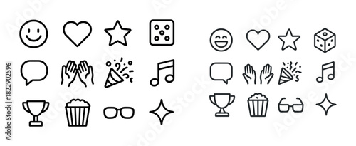 Icon set: emoticons, symbols, and objects in black and white