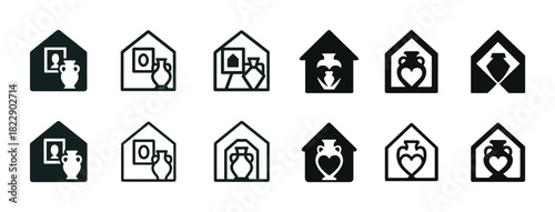 Set of monochrome museum icons featuring artifacts and artwork
