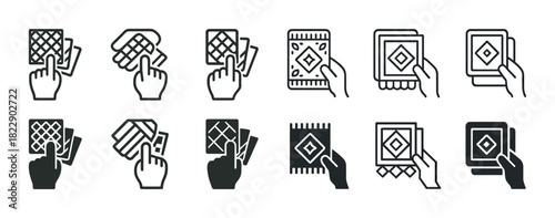 Hand icons interacting with fabric swatches and patterns in black and white variations