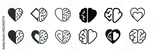 Set of heart and brain icon designs in black and white