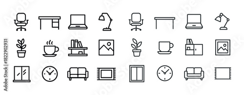 Office and home essentials: furniture, decor, and technology icons set