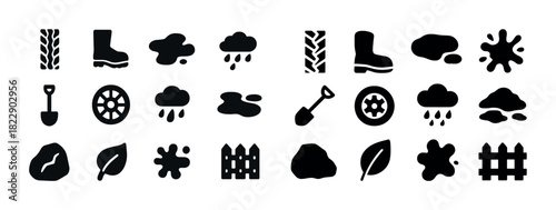 Set of gardening and weather icons including boots, leaves, raindrops, and puddles