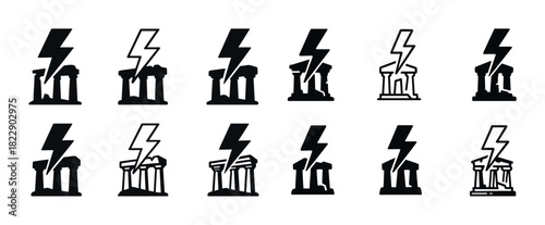 Greek temple icons with lightning bolts in bold black design