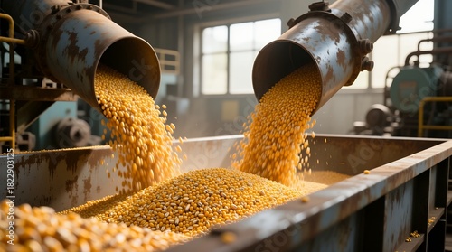Industrial corn processing facility pouring golden grains into large metal container indoors with