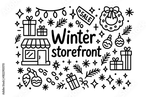 Winter Storefront Doodle. Winter storefront. Hand-drawn doodle illustration of winter storefront. Shopfront,