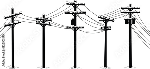 Electric utility poles covered with snow in winter season, power lines connection, energy distribution and cold weather infrastructure illustration