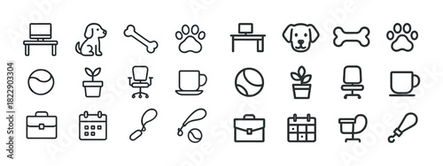 Office and pet line icons: desk, chair, dog, bone, paw, plant, mug, ball, calendar