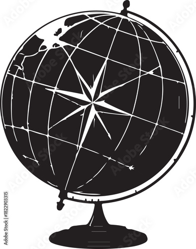 Modern black globe silhouette with clean latitude and longitude lines, smooth geometric round design, minimal flat vector style on a pure white background.