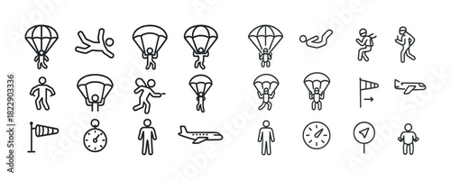 Skydiving icons: parachute, airplane, freefall, timer, windsock