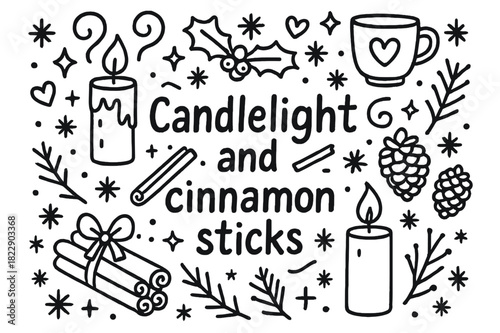 Candlelight and Cinnamon Doodles. Candlelight and cinnamon sticks. Hand-drawn doodle illustration of