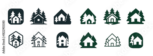 Forest cabin icons collection featuring pine trees and rustic cottages