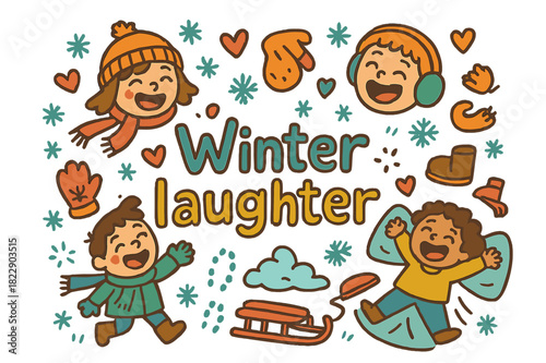 Winter Laughter Doodles. Winter laughter. Hand-drawn doodle illustration of winter laughter. Smiling children,
