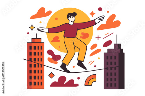 Urban Tightrope Sunset. Urban Balance. Character balancing on a line between skyscrapers, glowing sunset