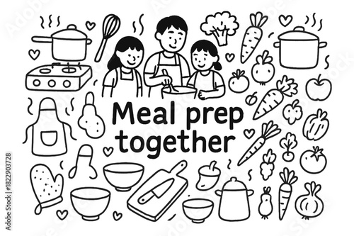 Family Meal Prep. Meal prep together. Hand-drawn doodle illustration of Meal prep together. family, stove,