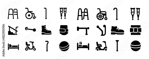 Assistive mobility equipment icons set including wheelchair, crutches, scooters, canes, walkers